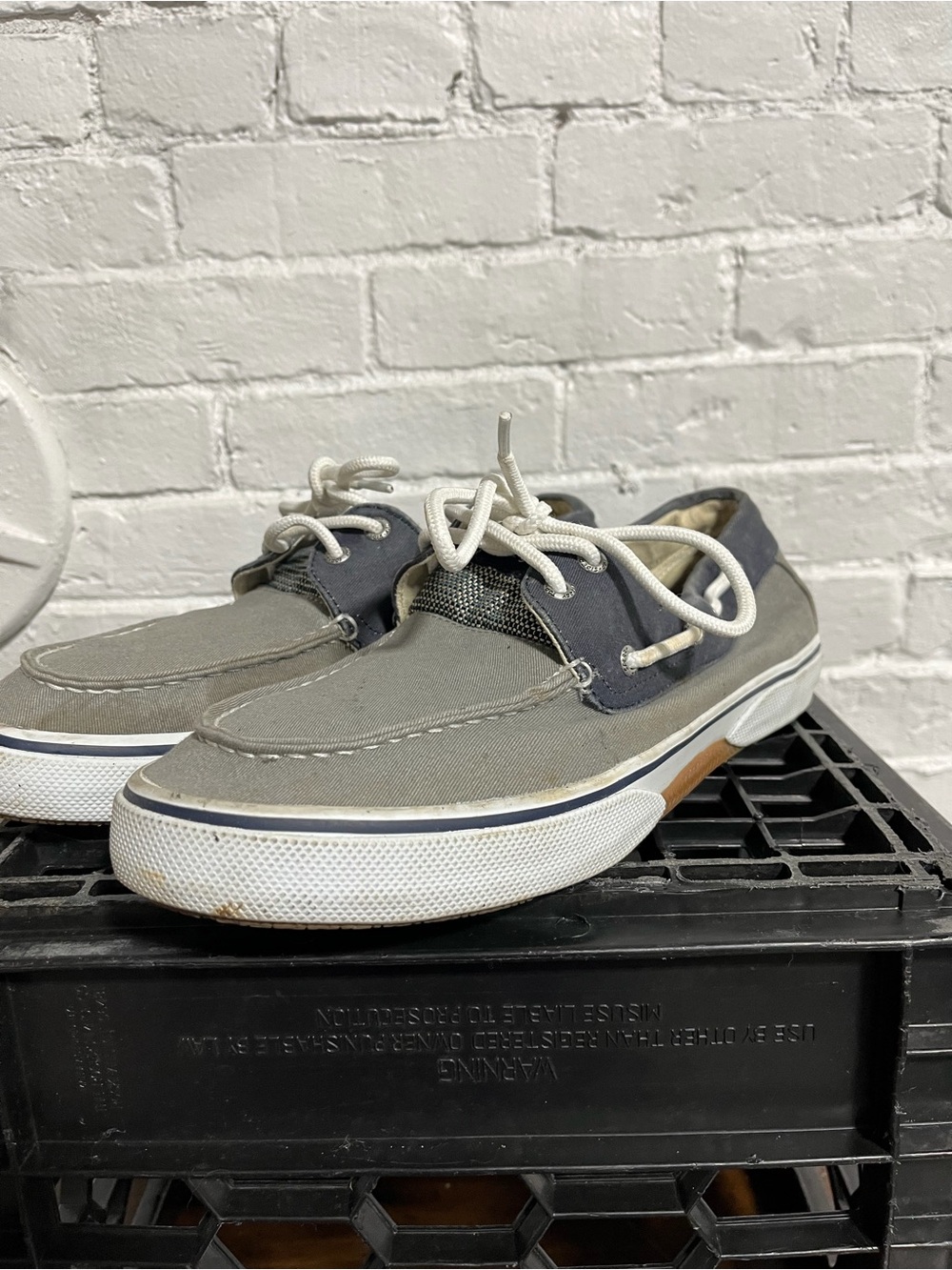 Sperry Gray and Navy Canvas Boat Shoes with White Laces